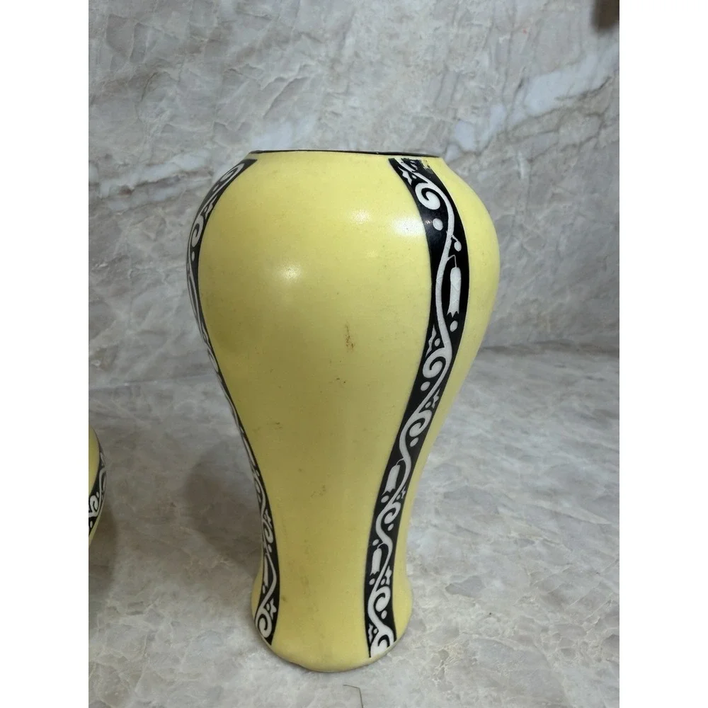 Vintage Crown Czechoslovakia Art Deco Yellow Black Porcelain Vase & Bowl Set